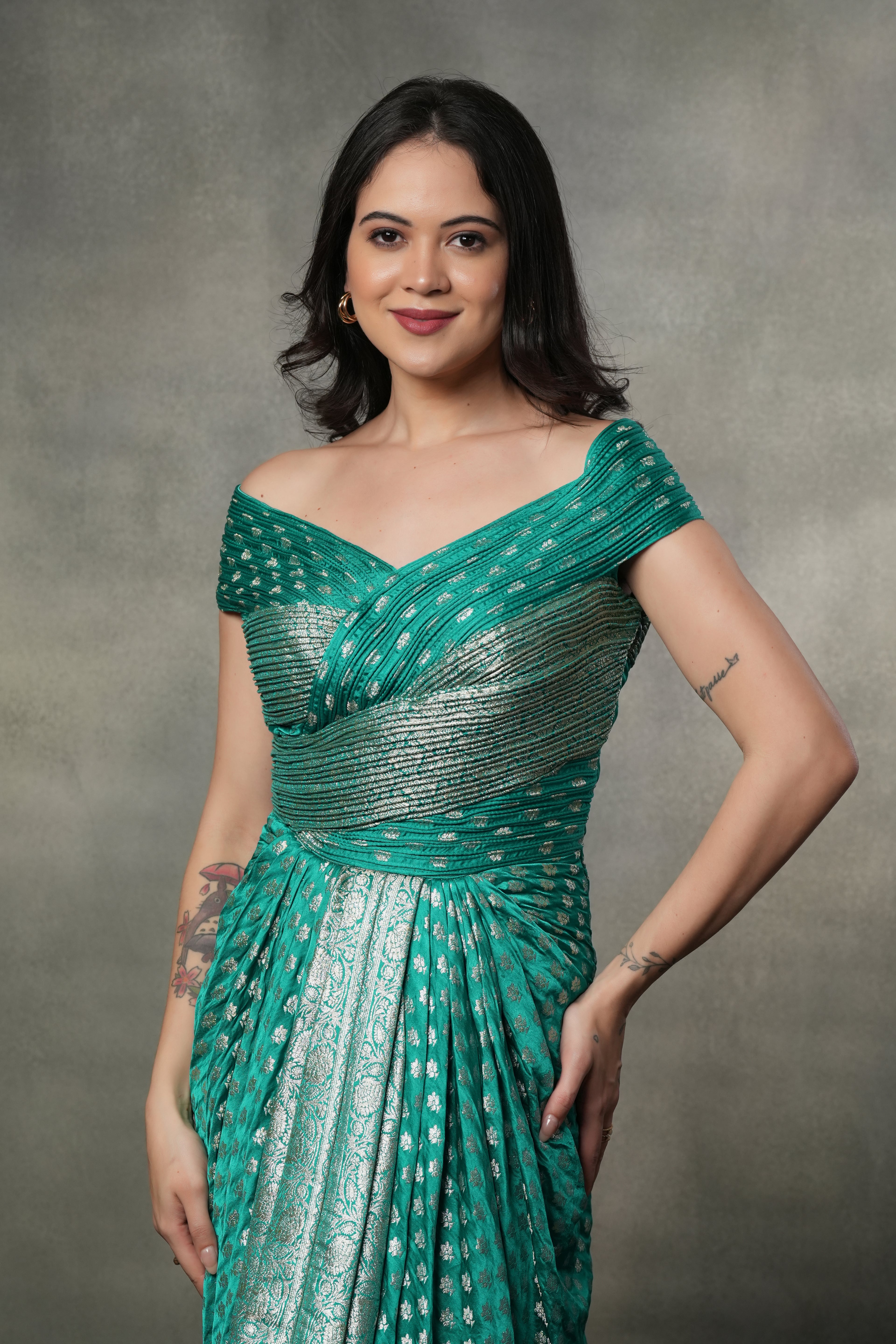 green fusion dress Cosiani Green Printed Gown 42