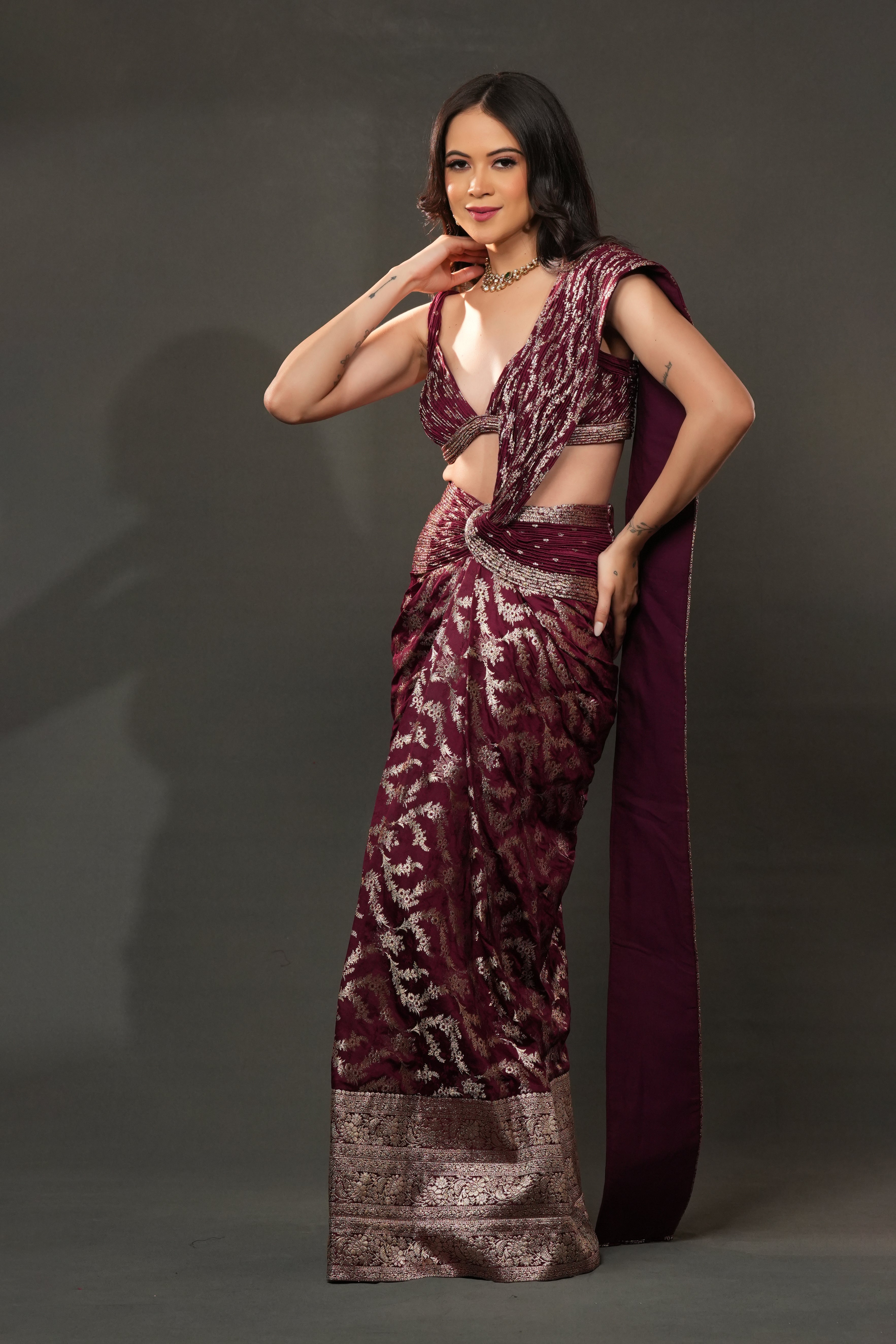 Banarasi Opulence Drape – Mulberry Wine