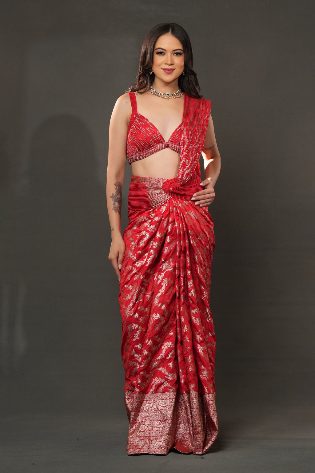 Banarasi Opulence Drape – Crimson Red