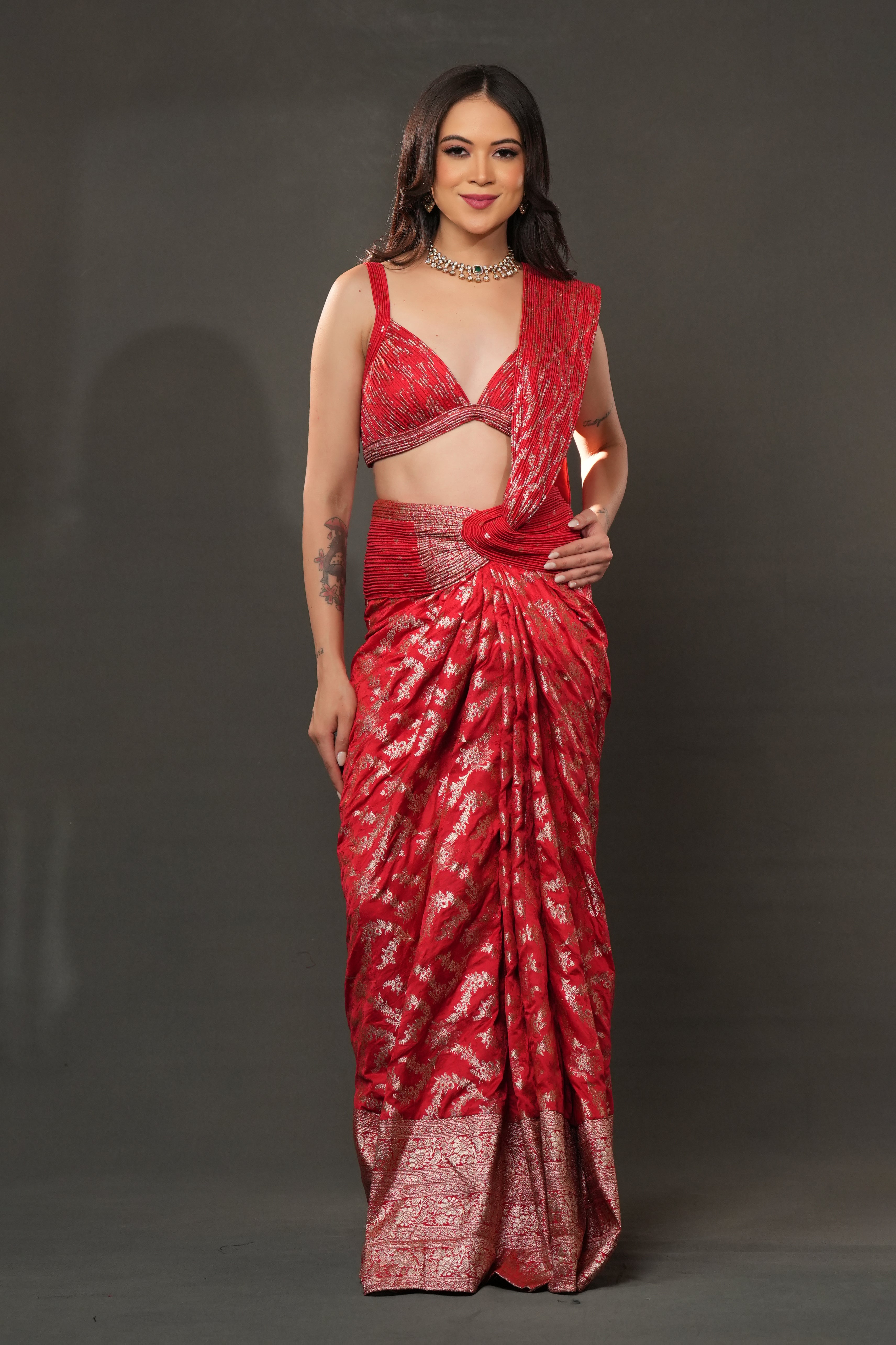 Banarasi Opulence Drape – Crimson Red