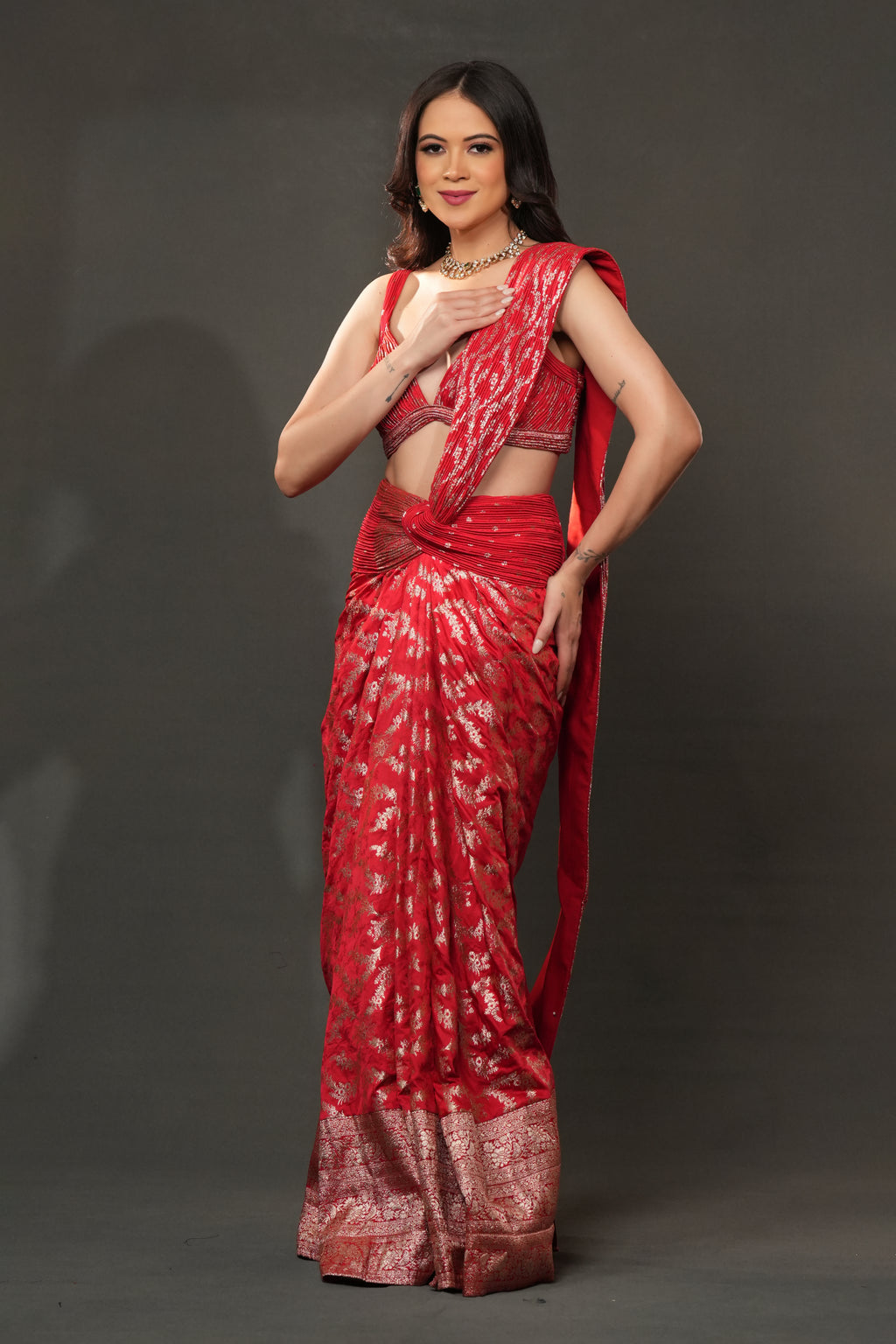 Banarasi Opulence Drape – Crimson Red