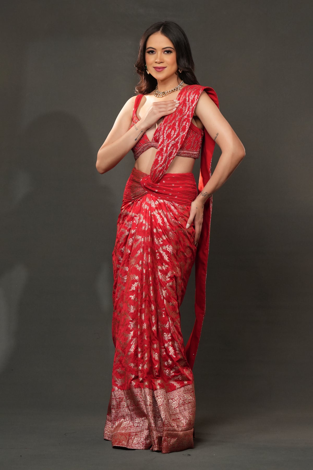 Banarasi Opulence Drape – Crimson Red